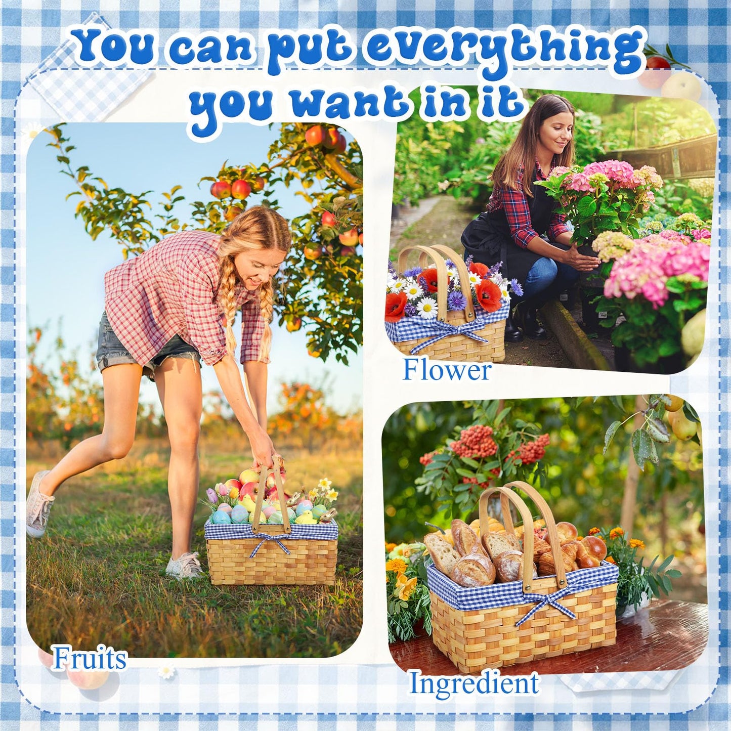 LOYIM 3 Pcs Different Sizes Picnic Basket with Handles Spring Plaid Gingham Checkered Liner Basket Rustic Woven Hamper for Picnic Camping Outdoor Egg Gathering Candy Gift(Blue)