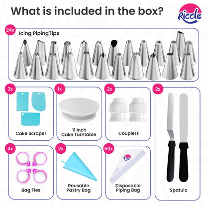 Riccle 88 pcs Cake Decorating Kit with Cake Turntable - Includes 50 Disposable + 2 Reusable Piping Bags and Tips Set, 24 Icing Piping Tips, 2 Spatulas, 3 Icing Comb Scraper, Baking Supplies