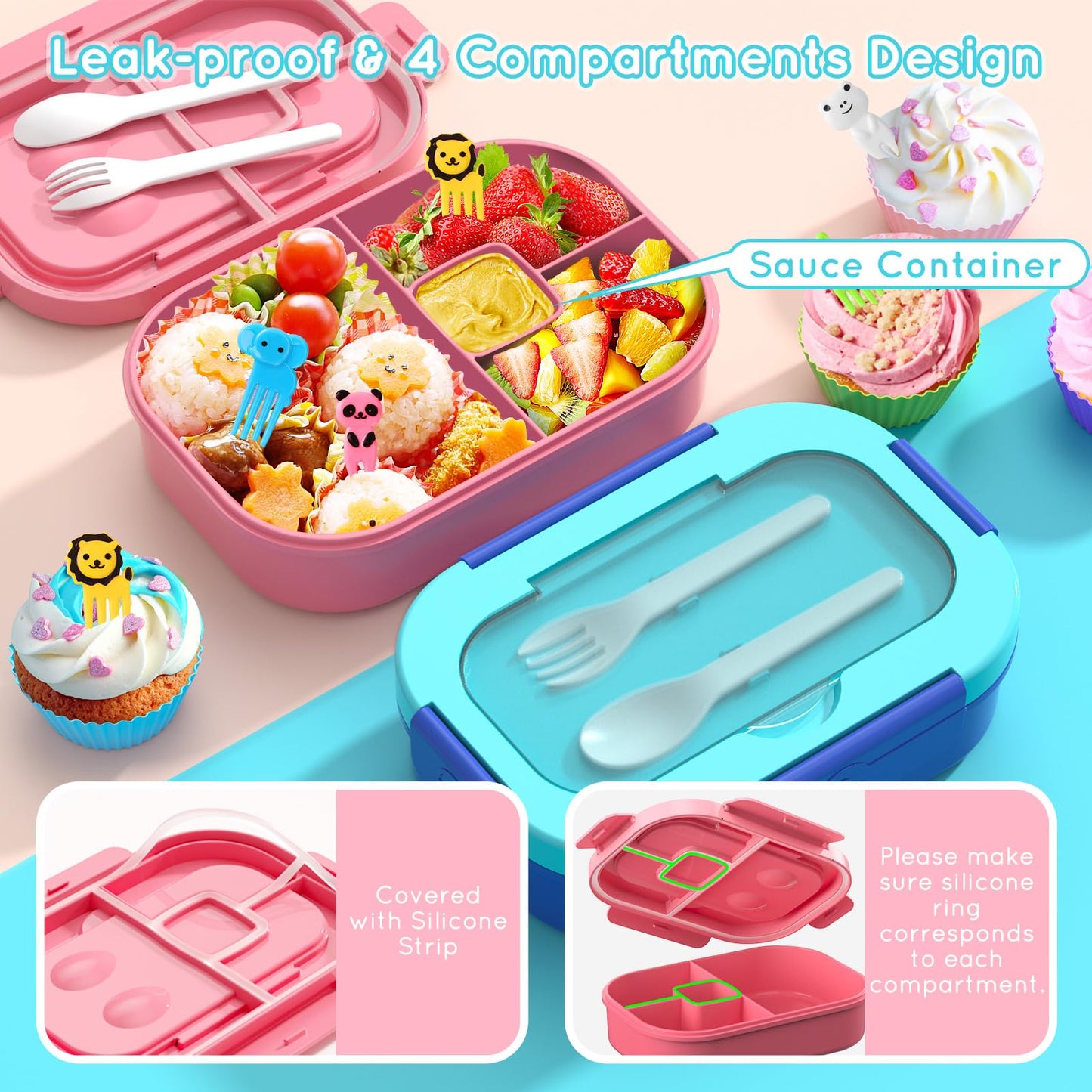 TIME4DEALS Bento Box Kid Adult Lunch Box 2 Pack, Leakproof Bento Lunch Container 4 Compartment Bento-Style Lunchbox with Utensil Set, On-the-Go Meal and Snack Packing for School, Work, Picnic
