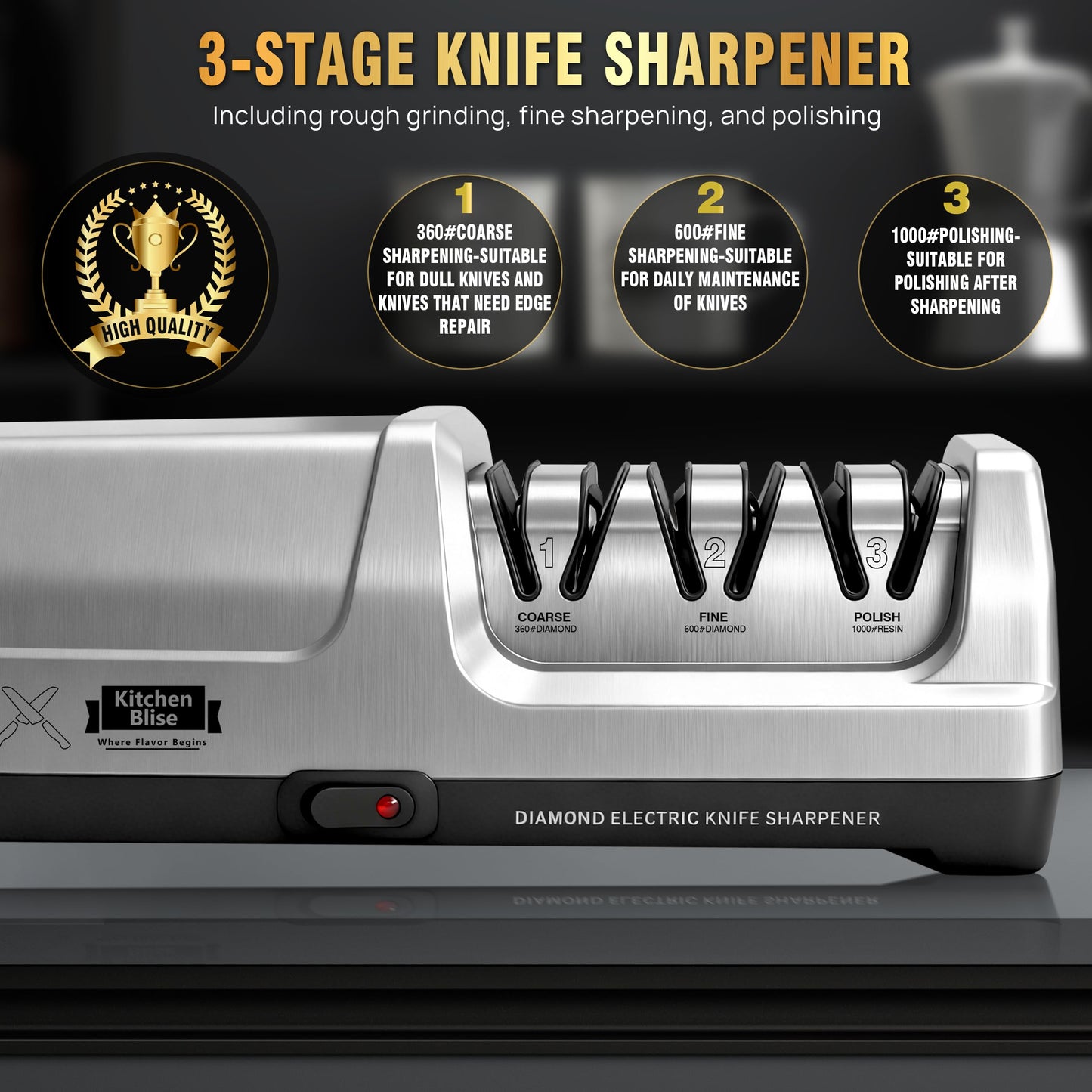 KITCHEN BLISE Electric Knife Sharpener for Kitchen—Fast Sharpening to Restore and Polish Chef Straight and Serrated Knives with 3 Stages & 20° Angle System with Metal Dust Box