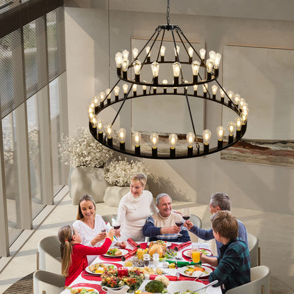 WOGON WEEL Wagon Wheel Chandelier 2 Tier 54-Light 60-inch, Farmhouse Industrial Chandelier Black Rustic Pendant Light Fixture Extra Large for High Ceilings, Living Room Foyer