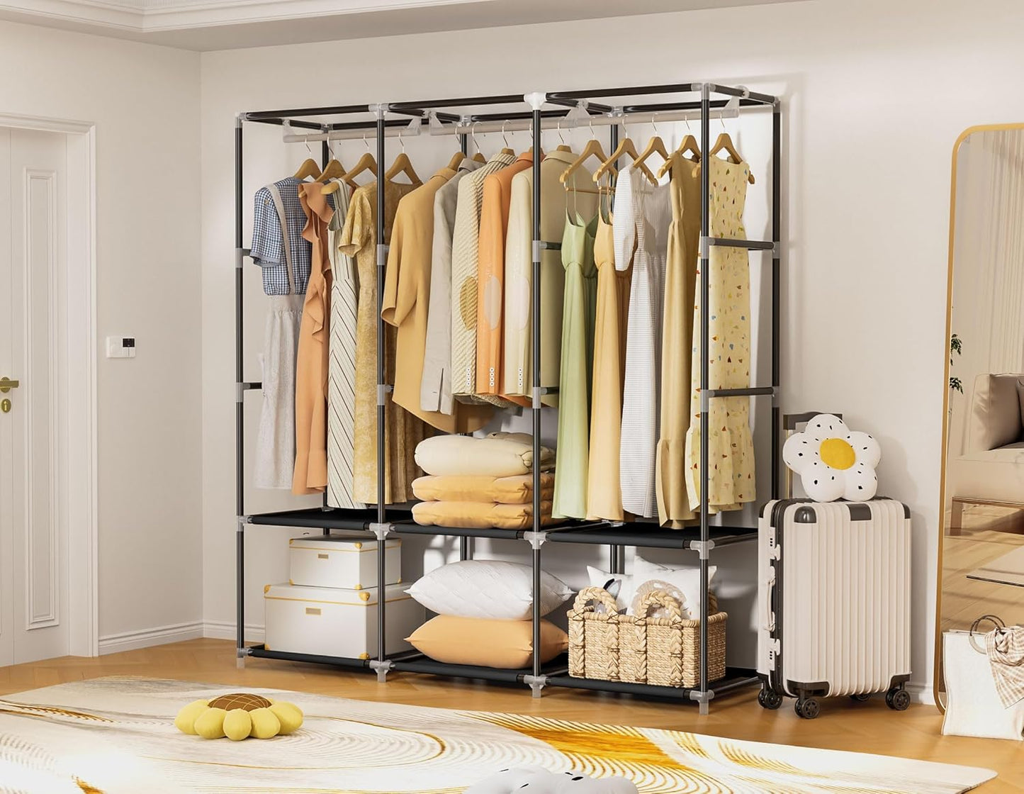 Portable Wardrobe Closet for Hanging Clothes, Free Standing Rack with Cover, 3 Hanging Rods, 6 Storage Shelves, 2 Side