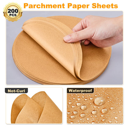 SMARTAKE 200 Pcs Unbleached Parchment Paper Baking Sheets Round, 10 Inches Non-Stick Precut Baking Parchment, for Baking Grilling Air Fryer Steaming Bread Cup Cake Cookie and More