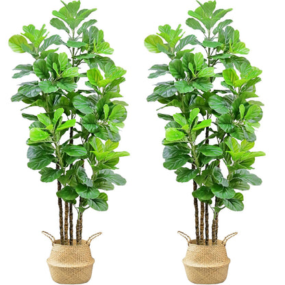 7ft Artificial Fiddle Leaf Fig Tree with Woven Seagrass Plant Basket, Fake Tree Indoor Faux Plant for Living Room Office Floor Home Decor (84 in-2Pack)