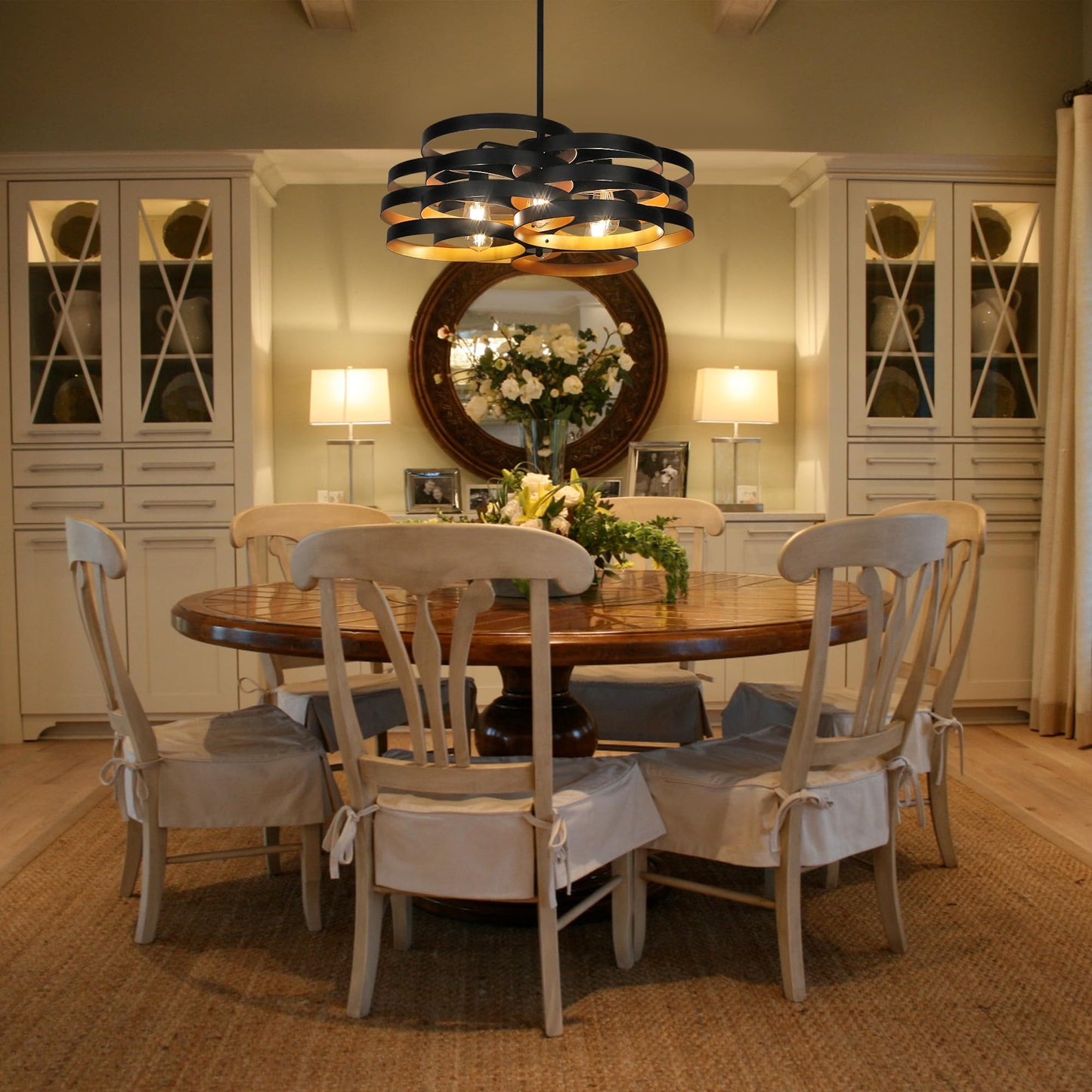 CNRATYE 6-Light Modern Farmhouse Chandeliers for Dining Room, Rustic Multiple Rings Pendant Lighting, Industrial Metal Round Chandelier for Kitchen Entryway, Black with Gold Interior