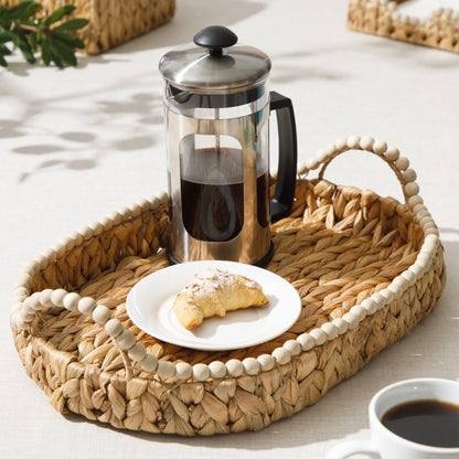 Gibson Home Riverrun Grove 17" Woven Decorative Serving Tray – Large Natural Water Hyacinth Basket w/Wood-Bead Trim & Handles for Coffee Table Décor, Ottomans, Centerpieces & Kitchen Counter Display