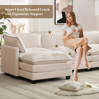 ROWHY 112'' Modular Sectional Cloud Couch with Movable Ottoman, 4 Seat Modern Chenille Sofa with 2 Throw Pillows, Deep Seat L Shaped Couch for Living Room Bedroom Apartment, Beige