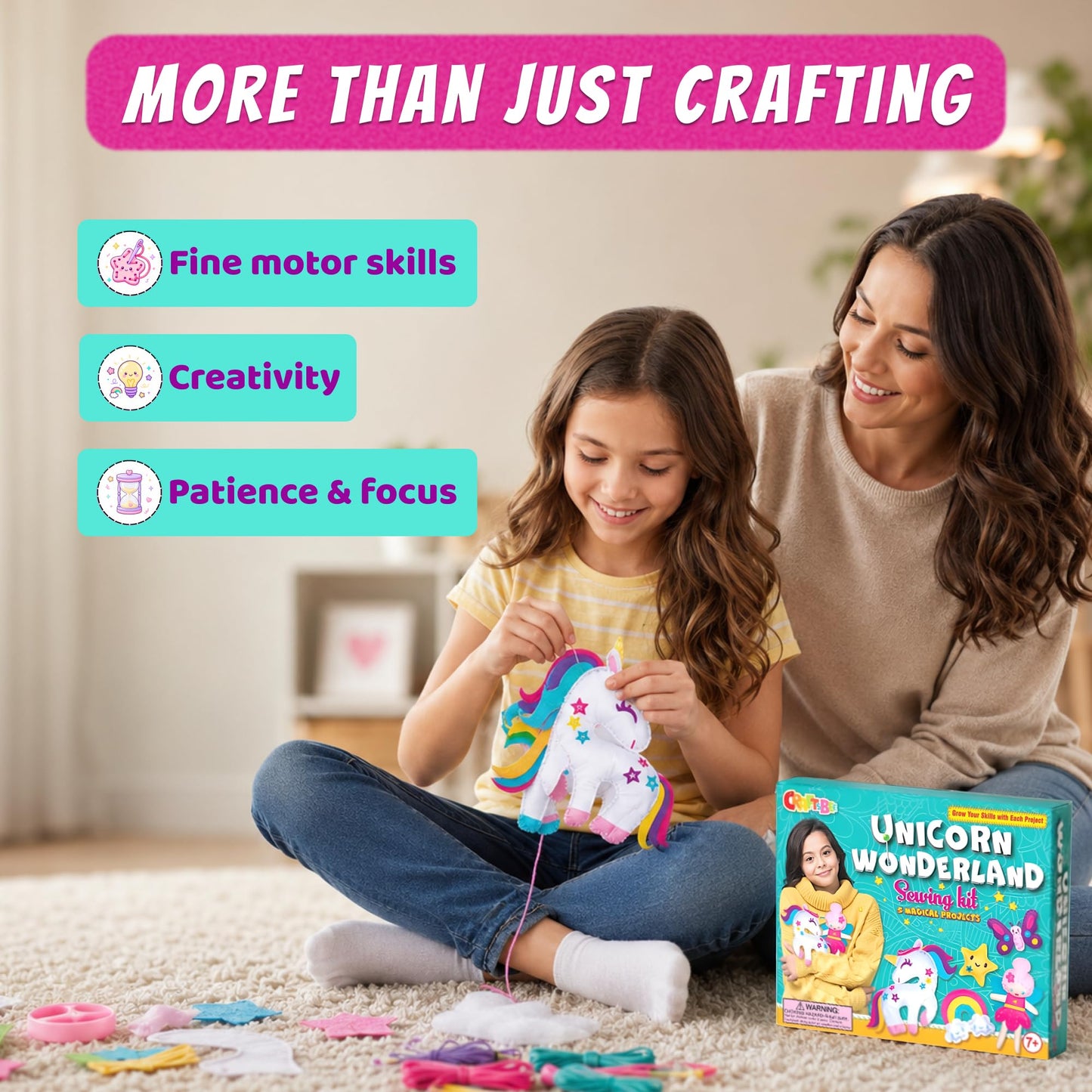 CRAFTSBEE Unicorn Sewing Kit for Kids Ages 7-12 — 5 Large Felt Stuffed Animals, 3 Skill Levels — Beginner Arts and Crafts, Birthday Gift for Girls