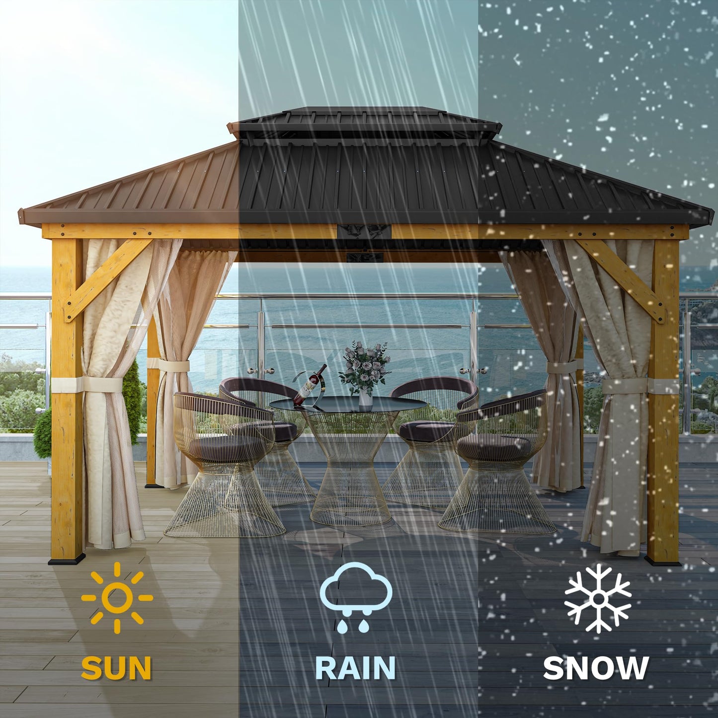 DWVO 11X13FT Gazebo Wood Outdoor Wooden Frame Double Roof Hardtop Galvanized Steel Top Canopy w/Curtain and Netting, Patio Heavy Duty for Deck, Backyard, Beige Yellow