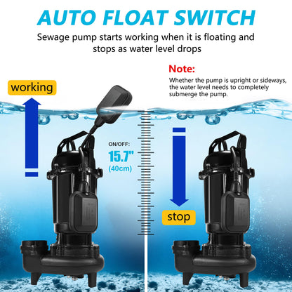 Sump Pump Submersible, Sewage Grinder Pump 110V 6400GPH 40Ft Max Head, Cast Iron Effluent Pump with Auto Float Switch 2'' NPT for Basement Basin Sewage Well Pond Swimming Pool, 32Ft Power Cord