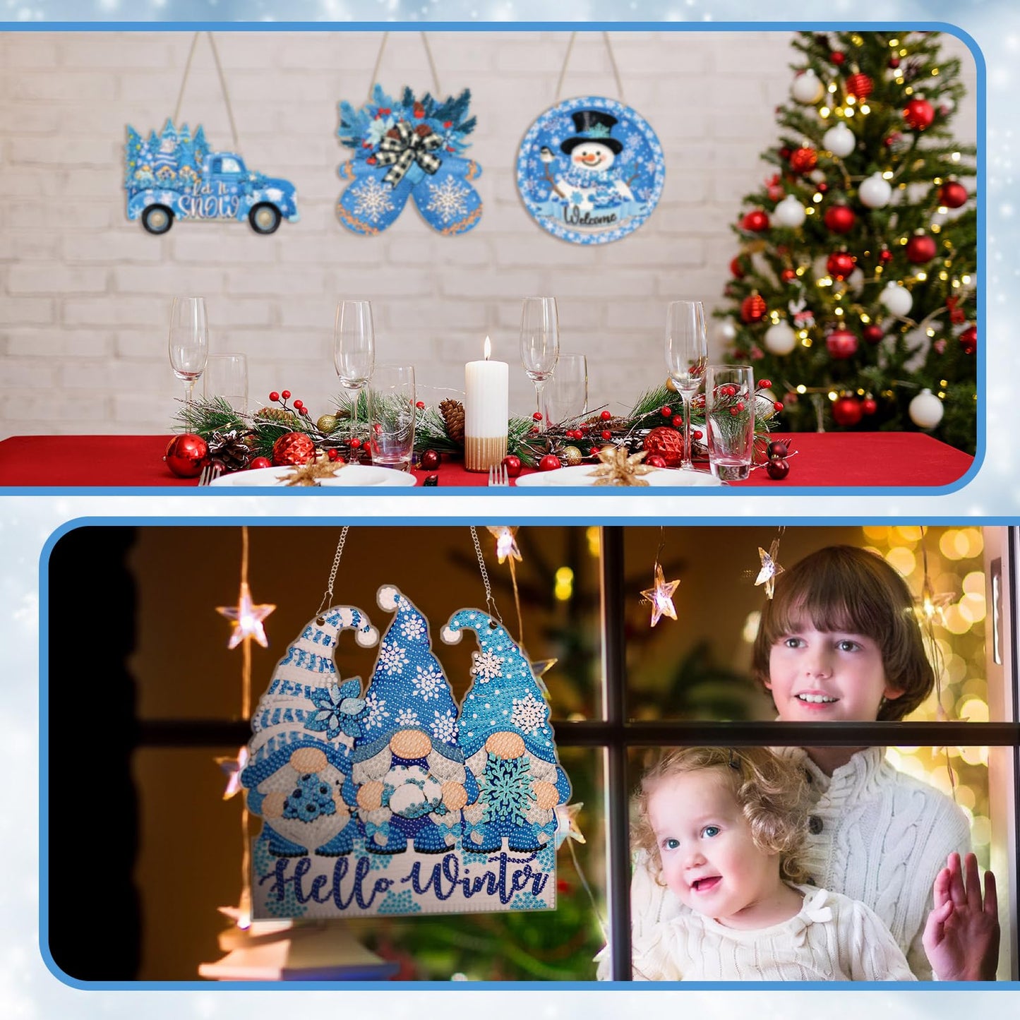 Zonon 6 Pcs Winter Diamond Painting Hanging Sign Set 5d Snowman Diamond Art Set for Adults DIY Gnome Art Pendant Ornaments Kits Acrylic Winter Tree Wreath Truck for Wall Window Decor