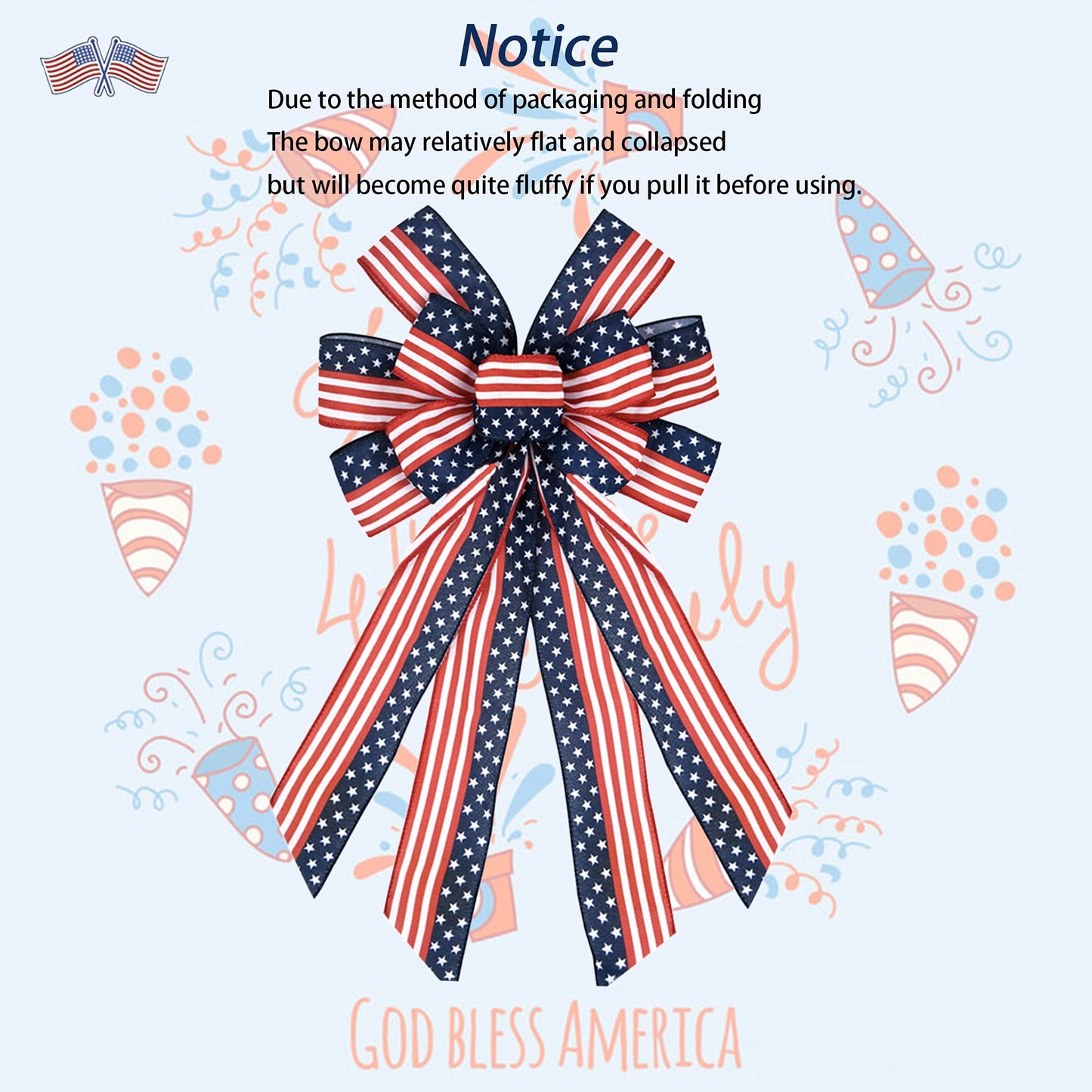 Large Patriotic Bow Wreath 4th of July Decor American Flag Bow for Indoor Outdoor Red with Blue Stars Bunting Holiday Memorial Day Decorations Independence Day Party Backdrops (1, 15.7x47'' Blue)