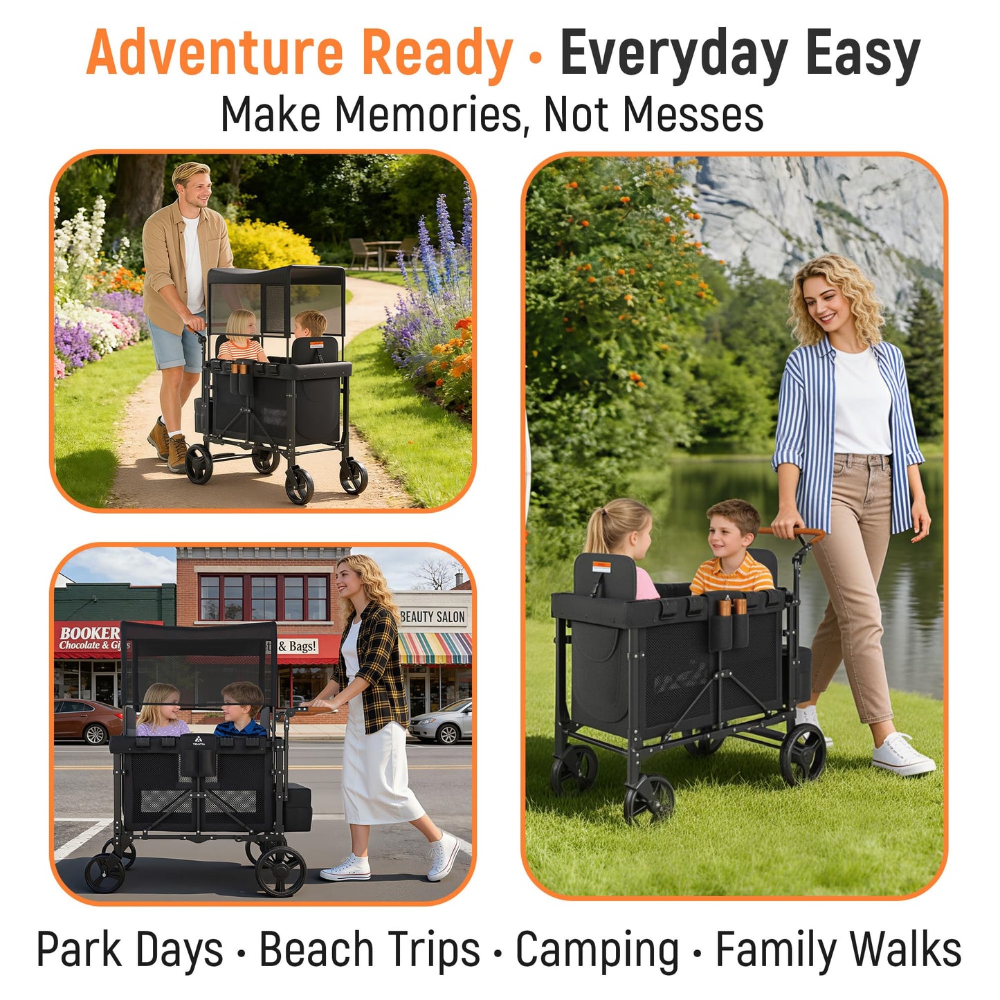 VELUVIA Wagon Stroller Outdoor for 2 Kids - Double Toddlers Stroller with Canopy & Removable Seat Pads, 2 Seater Push Pull Wagon One-Hand Fold, Shock-Absorbent Wheels & Safety Harness, Black