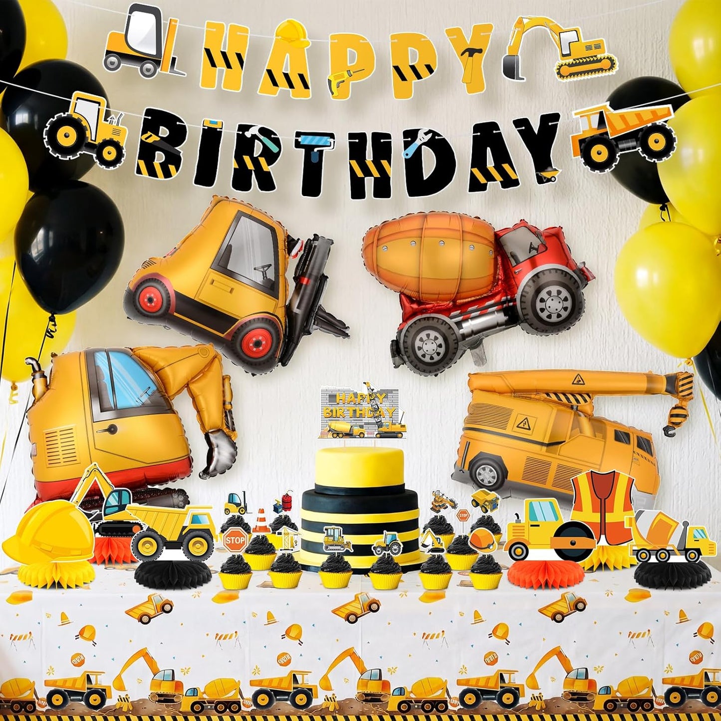 Set 4 Construction Birthday Party Supplies for Boy Birthday Decorations with Foil Truck Balloons Happy Birthday Banner