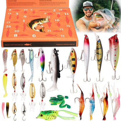 24 Days Fishing Lure Advent Calendar 2025 for Men & Teen Boys, 24 Unique Artificial Baits for Fresh/Saltwater | Christmas Countdown Gift for Anglers (Crankbaits, Poppers, Minnows, Jigs, Frog Lures)