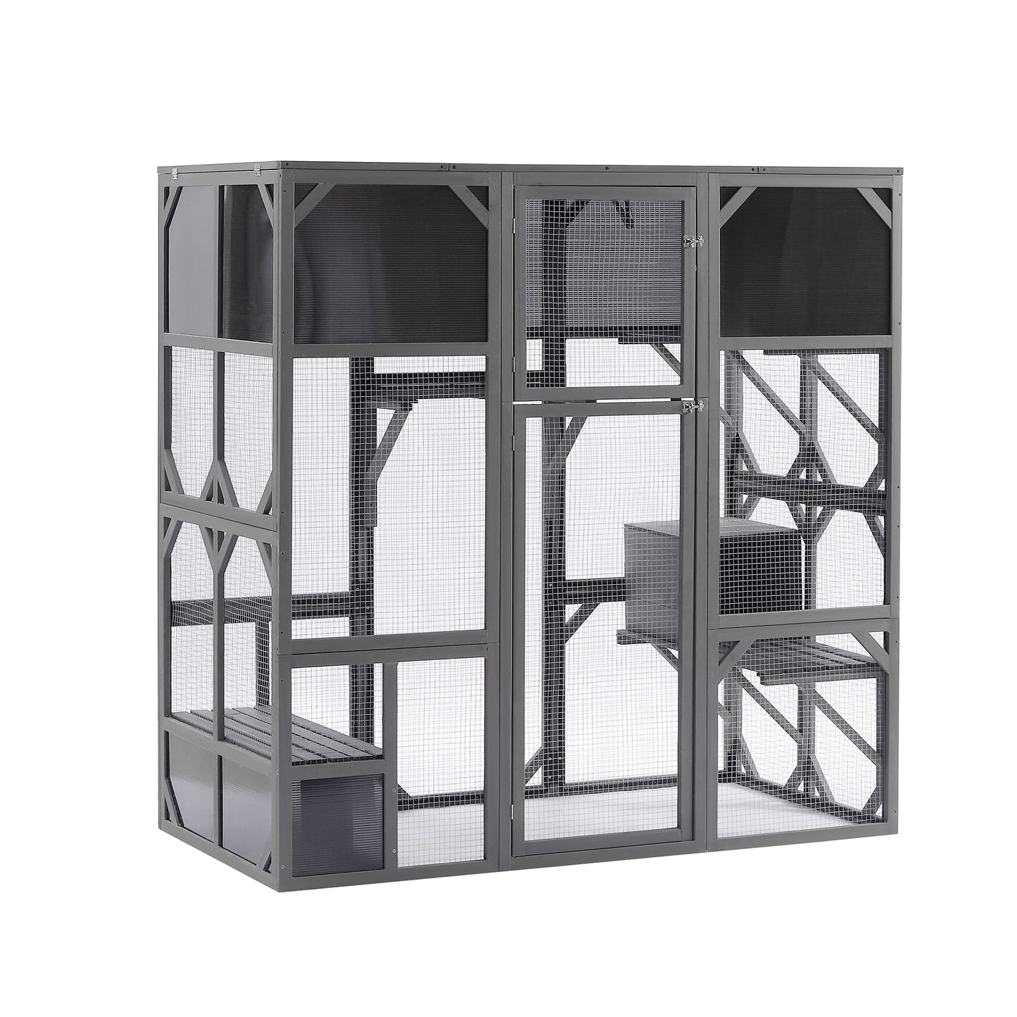 Ball & Cast Outdoor Wooden Cat House Catio Enclosure with Enter Door Kennel,Bouncy Bridge,Platforms and Small Houses,Waterproof,for Walk-in Kitty Kennel,Dark Grey