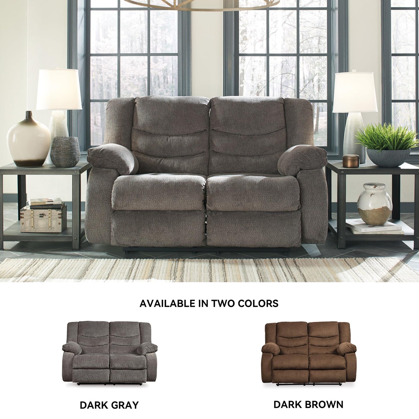 Signature Design by Ashley Tulen Reclining Loveseat, Dual-sided Recliner, Pull Tab Reclining Motion, Fabric Upholstery, 63" W x 40" D x 40" H, Dark Gray