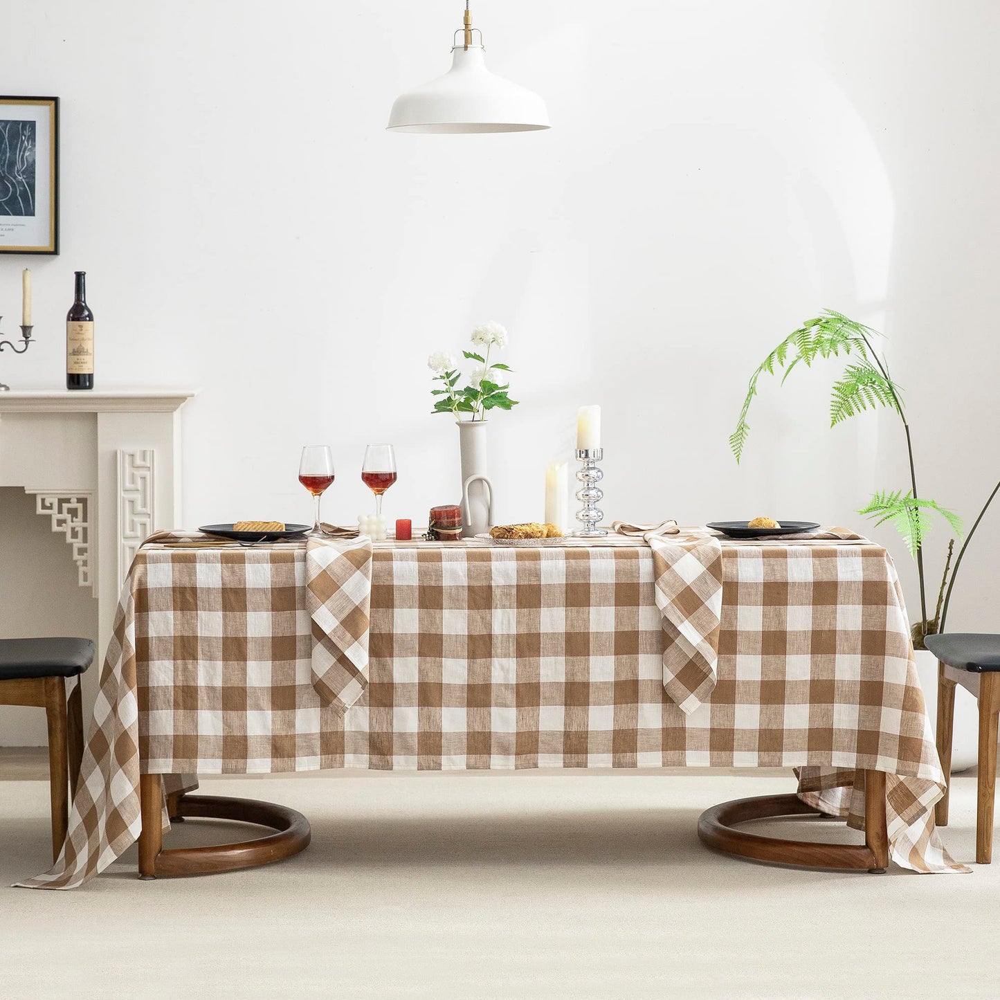 EVERLY 100% Yarn-Dyed Linen Rectangle Tablecloths 60x144Inches for Dining,Buffet Parties,Picnic,Events and Restaurants,Decorative Halloween,Thanksgiving Machine Washable Tablecloths-Brown Plaid