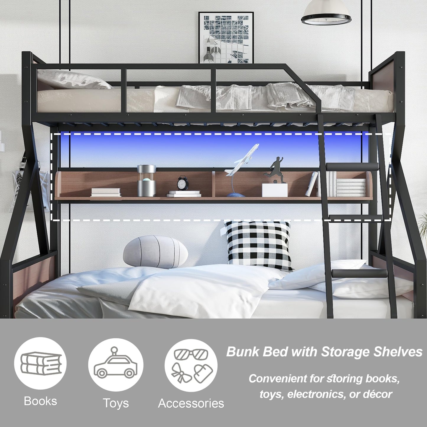 Bellemave Twin XL Over Queen Size Bunk Bed with Storage Shelves and LED Lights,Heavy Duty Adult Bunk Beds with Angled Ladder,Metal Queen Bunk Bed,Black