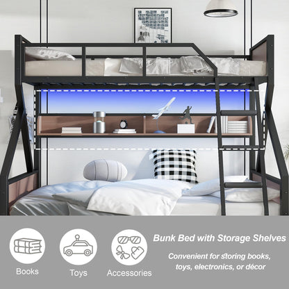 Bellemave Twin XL Over Queen Size Bunk Bed with Storage Shelves and LED Lights,Heavy Duty Adult Bunk Beds with Angled Ladder,Metal Queen Bunk Bed,Black