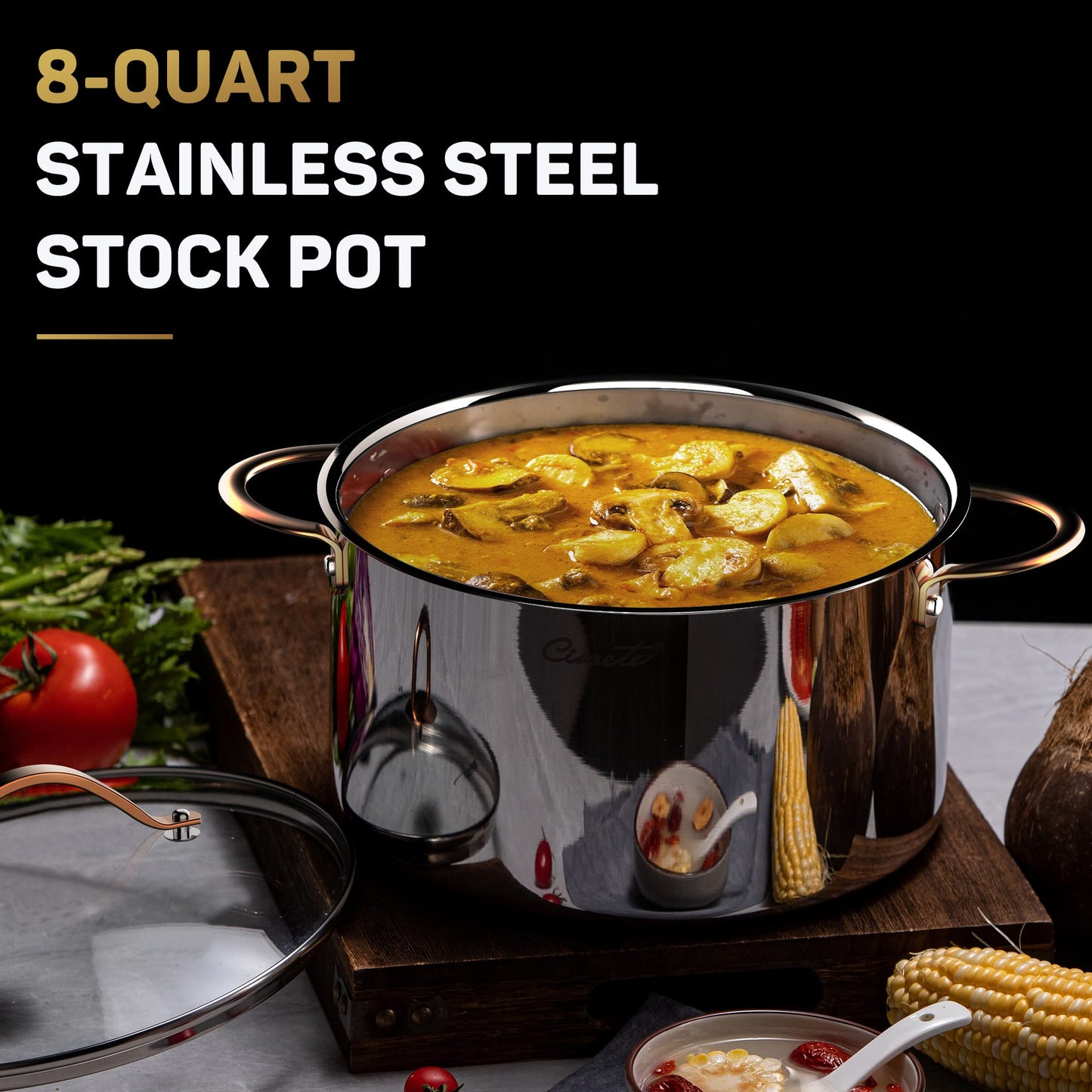 Ciwete 8 Quart Stock Pot, 3 Ply Whole Clad Stainless Steel Stock Pot, 8 QT Cooking Pot with Lid, Induction Pot for Cooking, 18/10 Stainless Steel Cookware Stockpots Oven, Gas and Dishwasher Safe