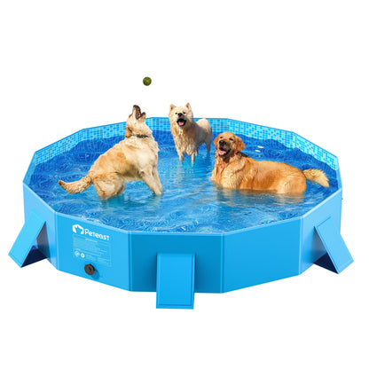 Peteast Foldable Dog Kiddie Pool with Stable Side Support, Hard Plastic Shell Portable Dog Pool, Collapsible Swimming Pools for Pet and Kids, 64 in