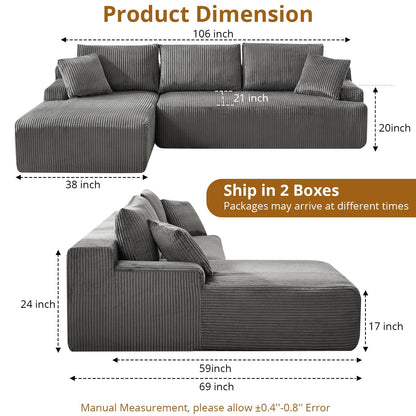 GAOMON 106" Modular Sectional Couch with L-Shape Left Chaise, Modern Boneless Couches for Living Room, Corduroy Fabric Loveseat Sofa Sleeper with Deep Seat, No Assembly Required, Dark Grey