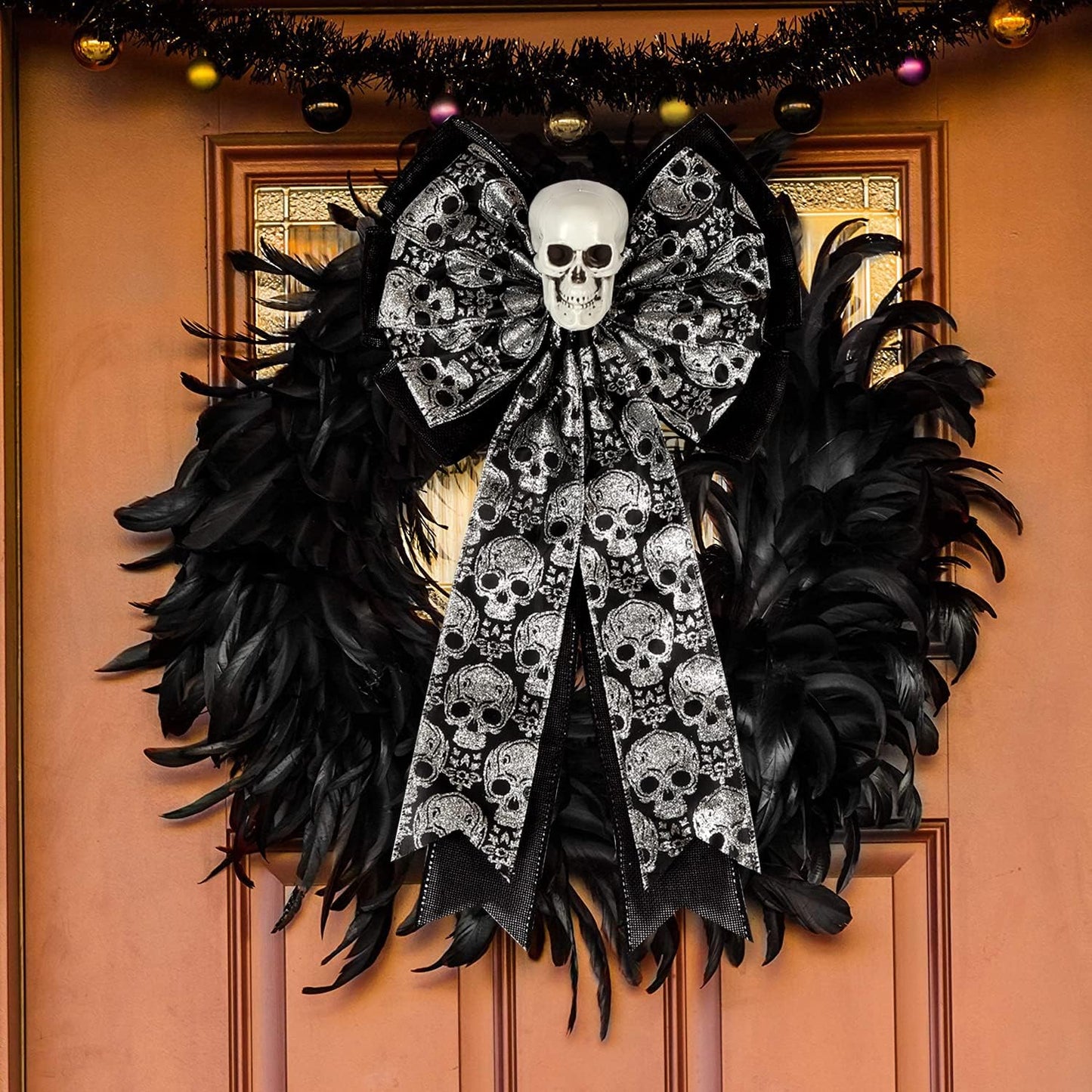 Skull Gothic Decor - Halloween Wreath Bow | Glittering Silver & Black Burlap, Perfect for Fall Outdoor Decor