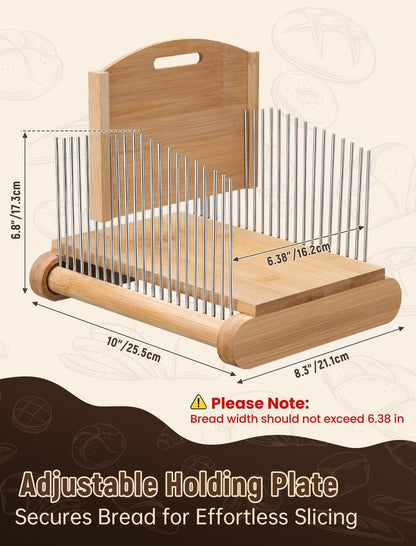 NiHome Bamboo Bread Slicer for Homemade Bread with Stainless Steel Guides, Adjustable Thickness for Toast & Sandwiches, Foldable Compact Sourdough Wood Cutting Board