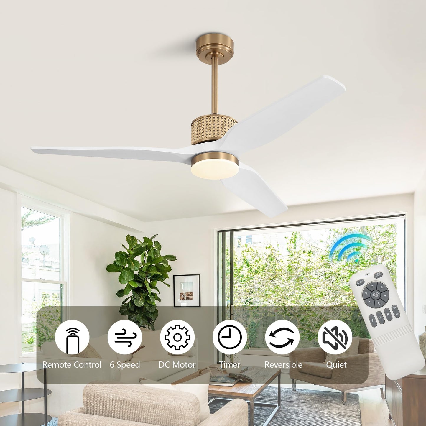 LEDLUX 52" Ceiling Fan with Light – Remote Control, Solid Wood, Quiet Reversible DC Motor, White/Gold Finish, Includes 4.5"/12" Downrods, Noiseless Ceiling Fan for Bedroom, Living Room, Porch