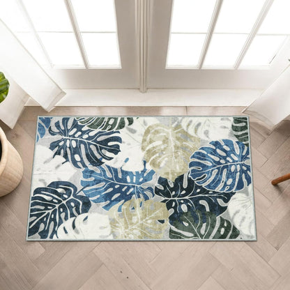 2x3 Wonnitar Kitchen Sink Rug, Machine Washable Blue Bathroom Leaf Rugs, Monstera Coastal Non-Skid Bedside Accent Mat