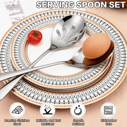 Mwellewm 6 Pcs Serving Spoons Set 9.5 Inch Large Stainless Steel Serving Spoons for Buffet Silver 3 Serving Spoons 3 Slotted Serving Spoons Dishwasher Safe for Parties Kitchen Buffet Catering Dinner