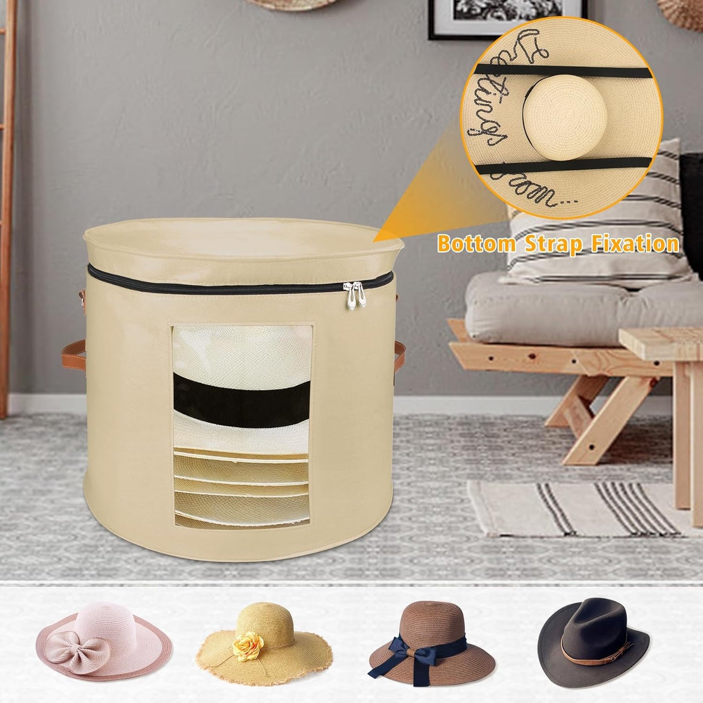 Large Hat Storage Box for Women & Men, 19" D x 17" H Foldable Round Organizer with Dustproof Lid for Travel