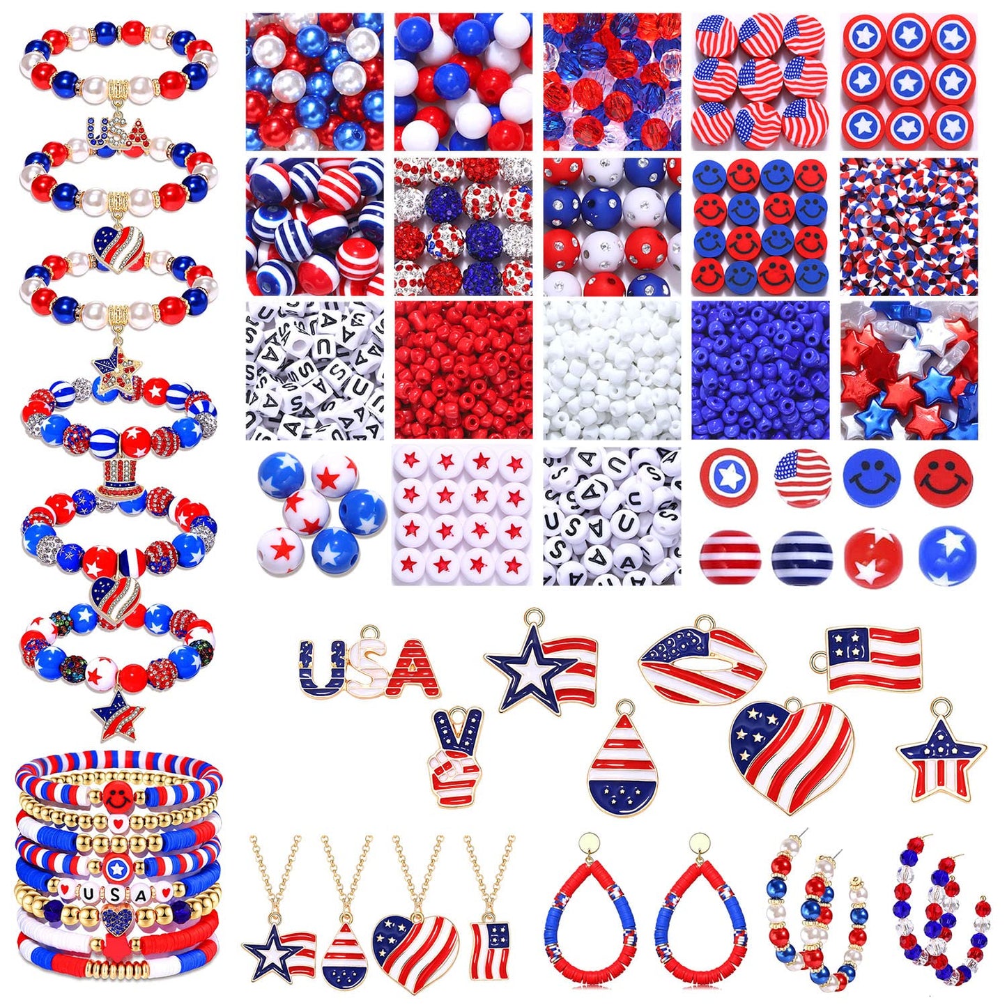 CEALXHENY 1050PCS+ American Flag Charms 4th of July Patriotic Beads for Jewelry Making Independence Day Star Heart Pendants for Necklace Earring Bracelet Making DIY Crafts Festive Decorations