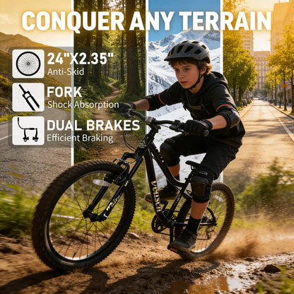 vollsch 24 Inch Kids Mountain Bike for 9-15 Years Old Boys Girls Teens 6-Speed Child MTB Bicycle with Front Suspension Fork, Black
