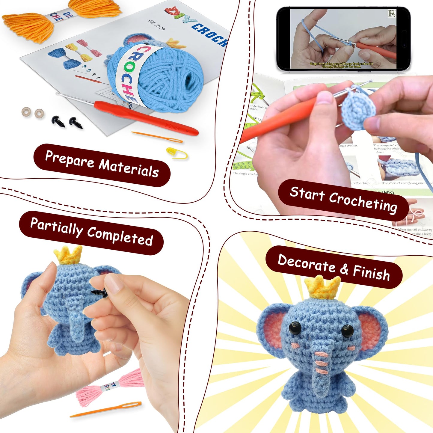 Allaugh Crochet Kit for Beginners Kids: 6pcs Cute Animal Crochet Set Knitting Gift for 8-12 Year Old - Easy to Learn with Step-by-Step Video Tutorials Hook Yarn for Crocheting - DIY Birthday Presents