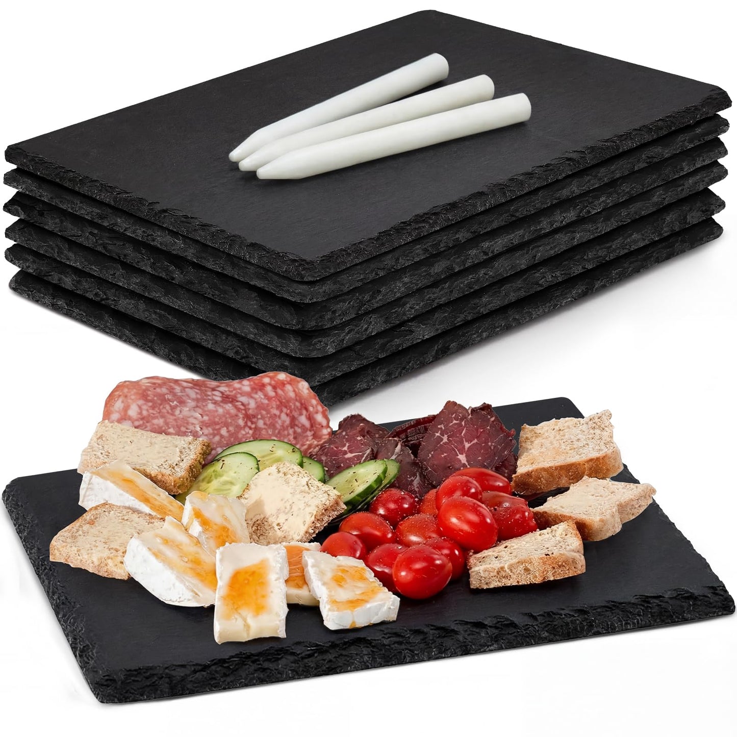 MAPRIAL Slate Cheese Boards, 6 Pack 8.8 x 6” Mini Slate Charcuterie Boards Stone Cutting Plates Serving Tray Black Platter for Sushi, Party, Wedding, Housewarming Gifts, Christmas