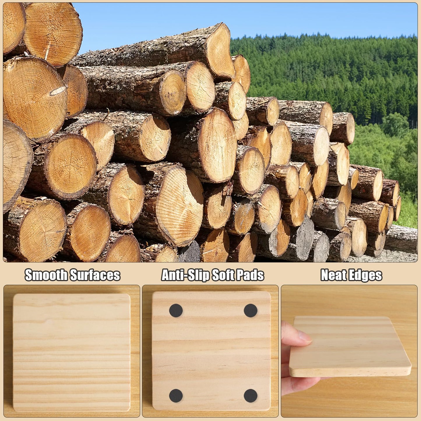 24 PCS Unfinished Square Wood Coasters, SIJDIEE 4 Inch Blank Wooden Coasters for Craft with Non-Slip Foam Pad Stickers for DIY Stained Painting Wood Laser Engraving Home Decoration Supplies