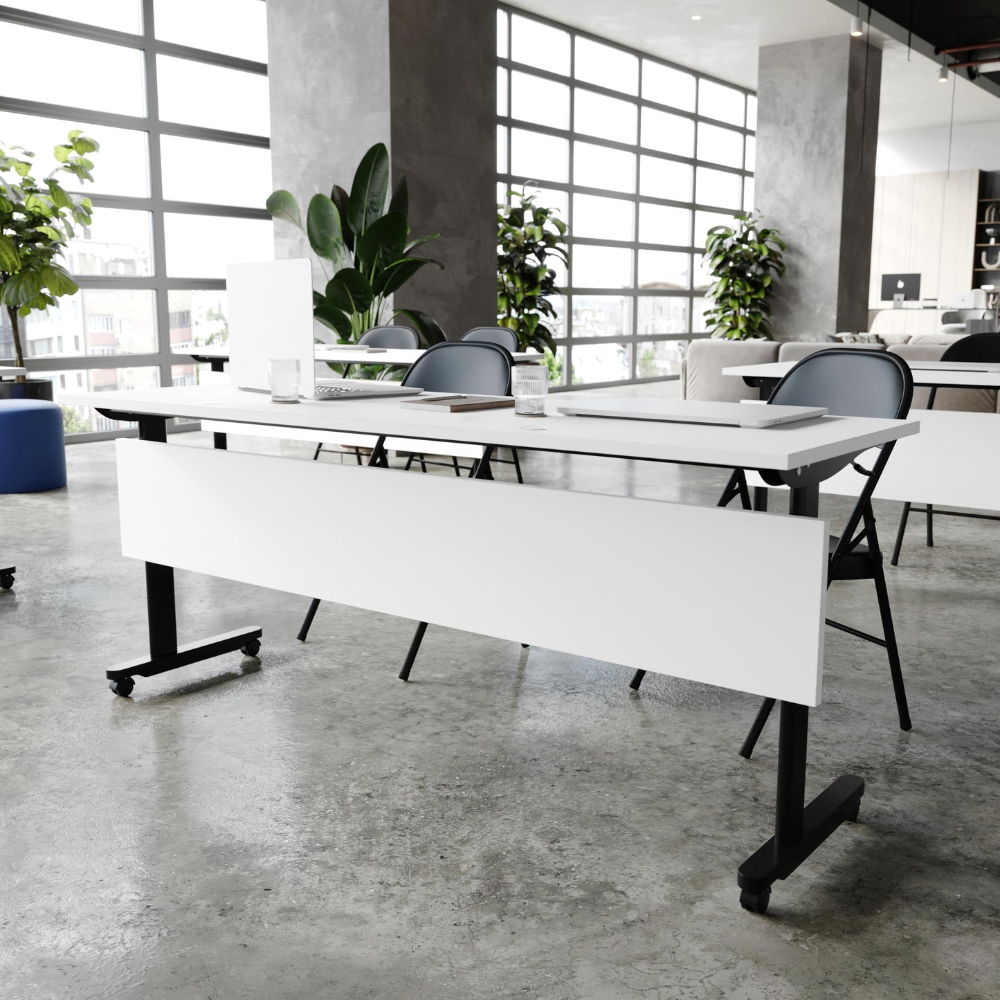 Flash Furniture Palmer Commercial Nesting Flip Training Table, Heavy-Duty Steel Frame and T-Legs, Modesty Panel, 1" Thick Tabletop, 72" x 24", White Top/Black Frame
