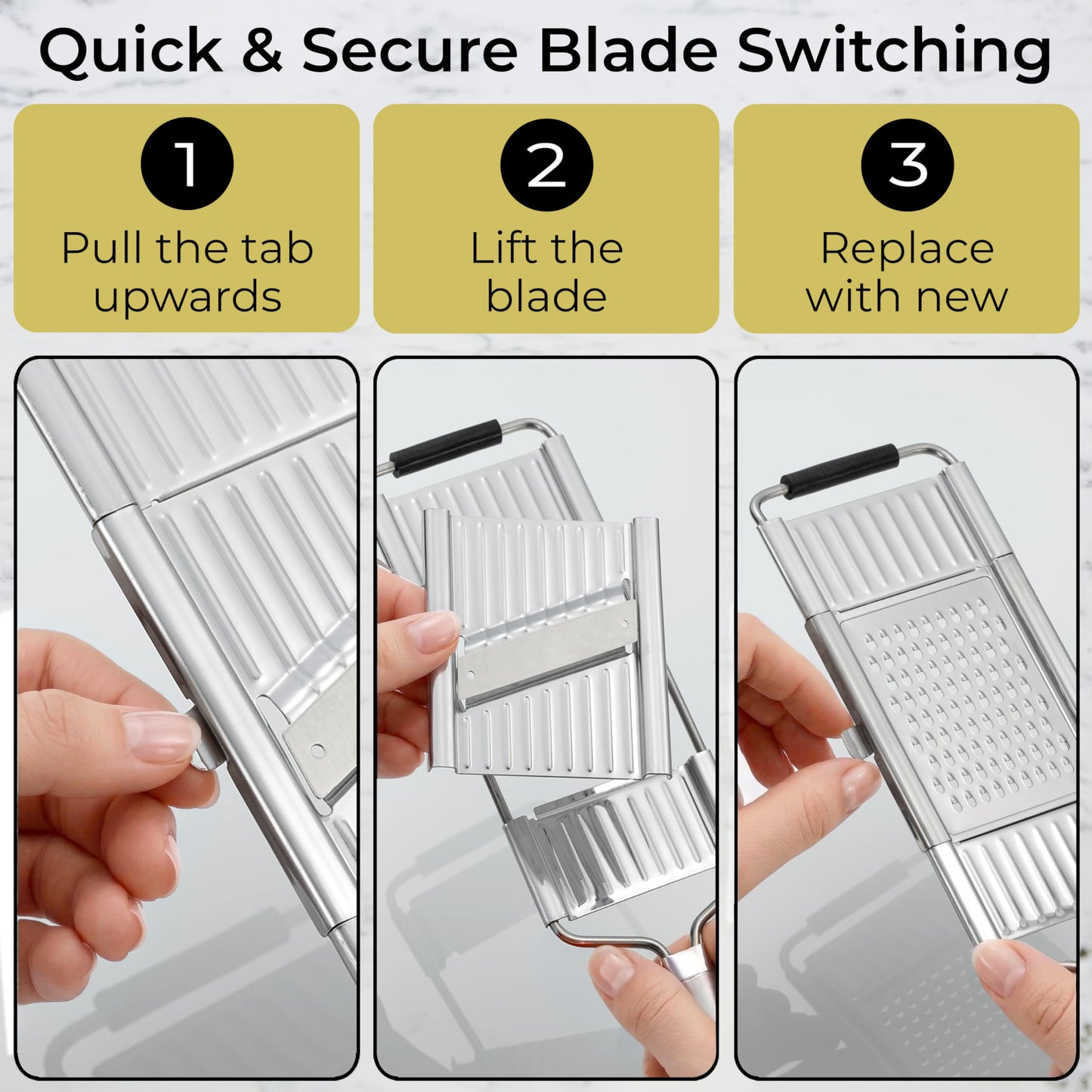 Gramercy Handheld Mandoline Slicer for Kitchen - Stainless Steel Veggie & Fruit Slicer with 4 Blades - Slicer, Julienne & Grater; Cut Resistant Safety Glove & Cleaning Brush Included; Dishwasher Safe