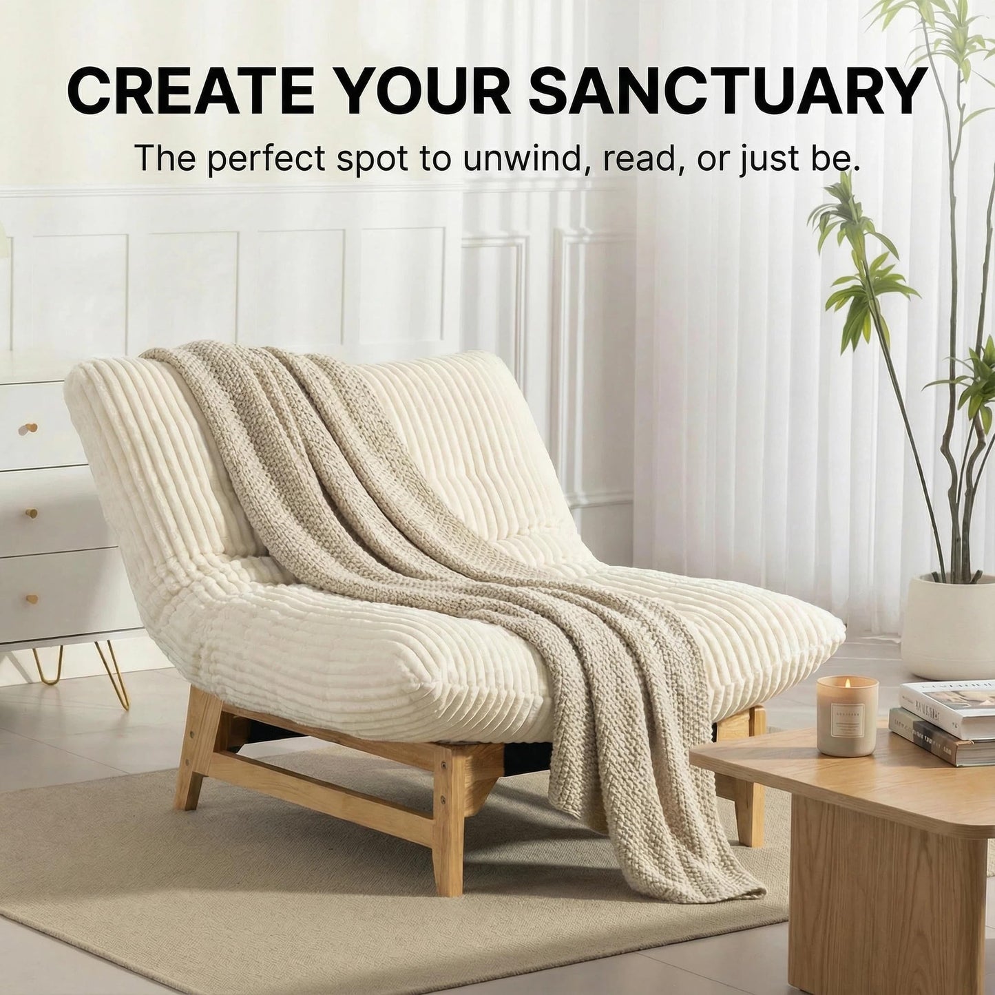 Vipuno Corduroy Bean Bag Chair for Adults, Comfy Accent Chair for Living Room, Armless Lazy Sofa with Back Support, Ergonomic Floor Lounge Chair for Bedroom, Single Seat, Off White