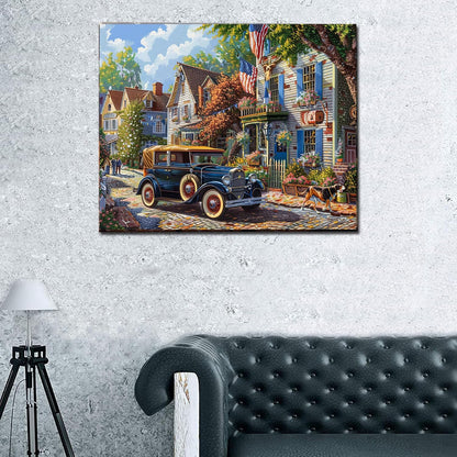 American Style Towns Paint by Numbers for Adults American Town Landscape DIY Paint by Numbers Acrylic Paint Canvas Vintage Classic Cars Dog Painting Kits Leisurely Vacation Art 16x20 Inch（Frameless）