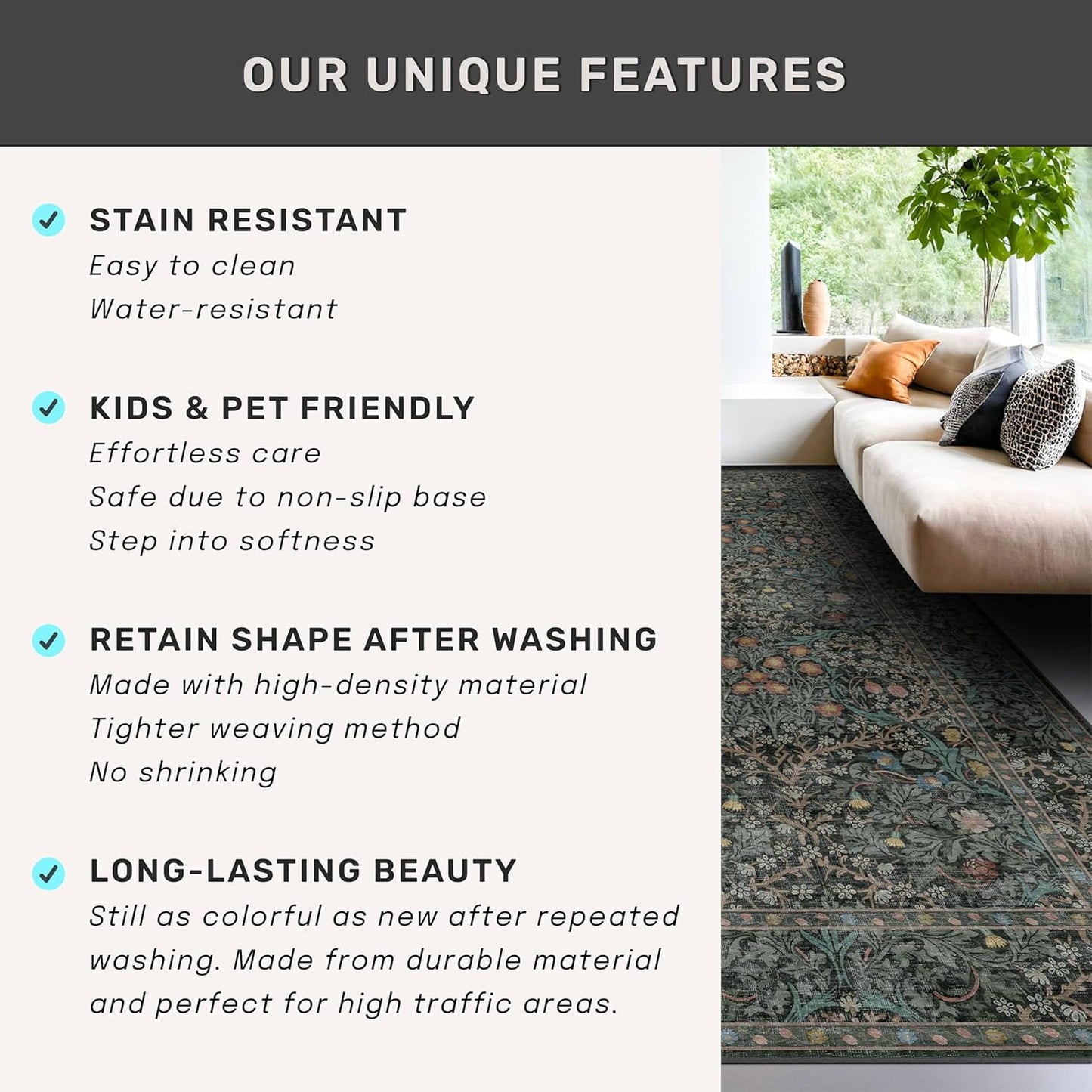 Skiennix Vintage Dark Green Area Rug - Washable 8x10 Oriental Carpet for Living Room & Dining Room