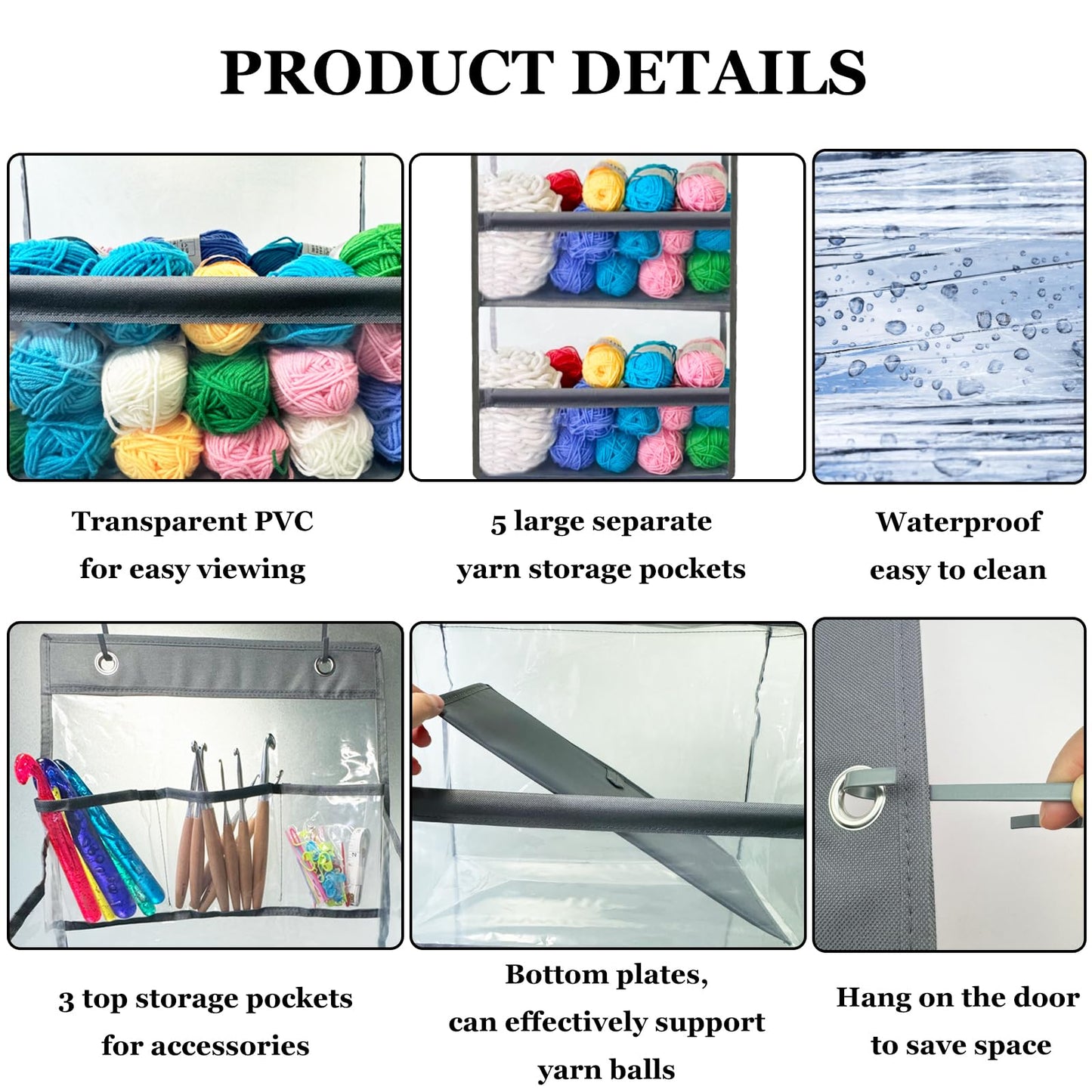 Hobekoee Hanging Yarn Storage Organizer,Large Capacity Yarn Storage Bag with 5 Yarn Balls Storage Pockets & 3 Top Crochet/Knitting Needles Pockets,Transparent Door Hanging Knitting Organizer Storage
