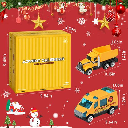 Advent Calendar 2025 for Kids Toys Engineering Vehicles Alloy Different Car Set Stocking Stuffer Plus a Play Mat Christmas for Boys and Girls Gifts Yellow