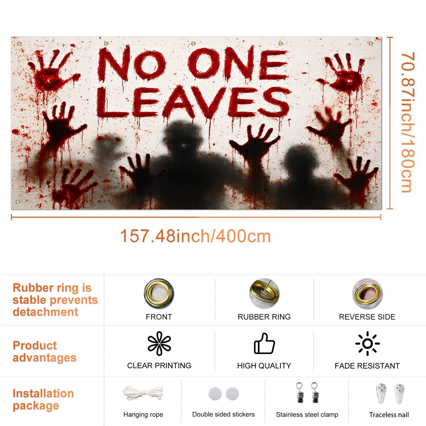 IVN Halloween Garage Door Garland 13x6ft No One Leaves Zombie Hands Bloody Wall Cover Porch Hanging Garland Outdoor Indoor Spooky Party Decorations