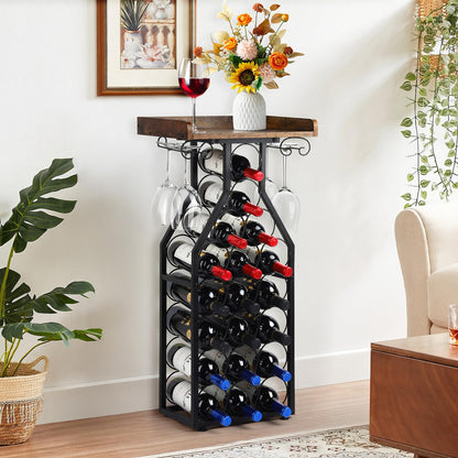 Plinthos Wine Rack Floating Shelvesr Versatile Liquor Stand for Home Bar Mini Bar Table Wine Holder Stand Liquor Cabinet with Glass Holder Wood Tabletop 19 Bottles Floor Dining Room, Living Room