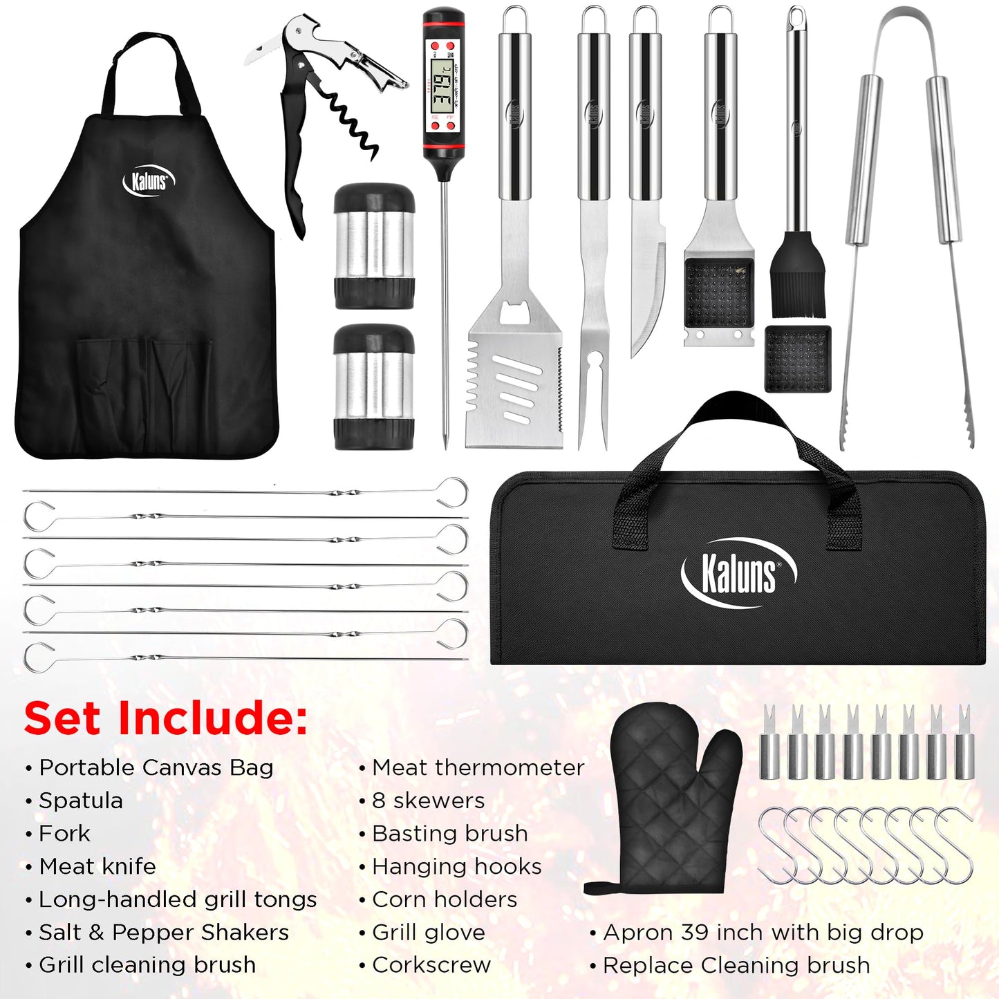 Kaluns Grilling Accessories, Dad Gifts for Fathers Day, Heavy Duty Stainless Steel Grill Set BBQ Grill Accessories for Outdoor Grill with Meat Thermometer, Case and Apron