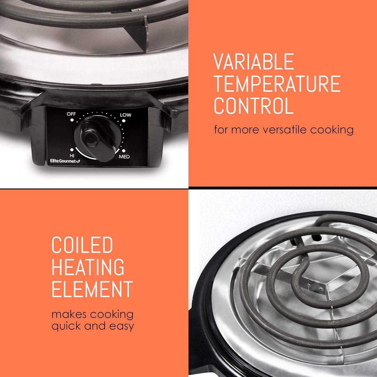 Elite Gourmet ESB-300X Single Countertop Coiled Burner, 1000 Watts Electric Hot Plate, Black, Easy to Clean