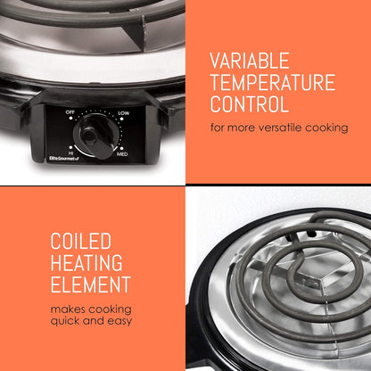 Elite Gourmet ESB-300X Single Countertop Coiled Burner, 1000 Watts Electric Hot Plate, Black, Easy to Clean